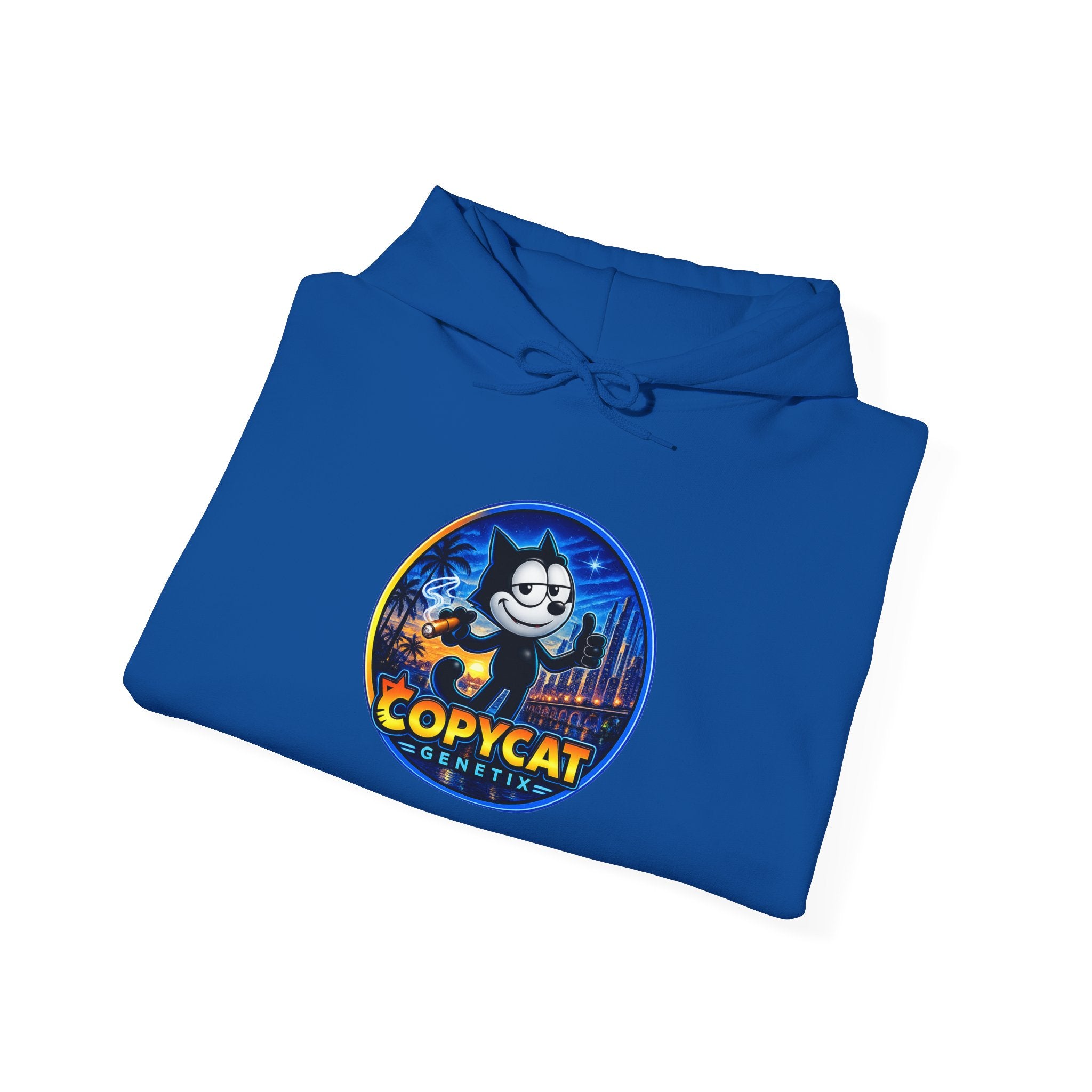 Copycat Skull Hoodie — Retro Neon Nightscape Graphic Hooded Sweatshirt