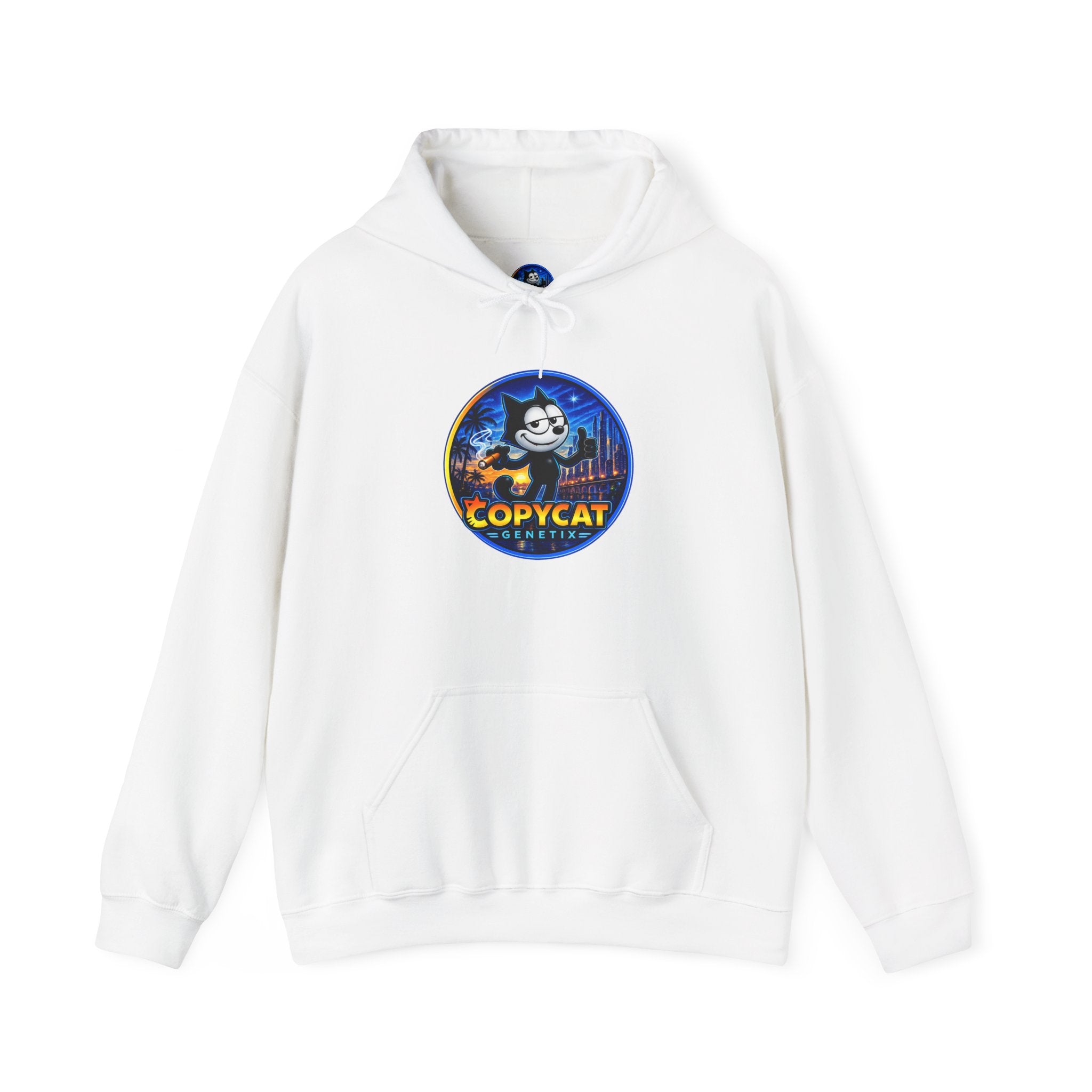 Copycat Skull Hoodie — Retro Neon Nightscape Graphic Hooded Sweatshirt