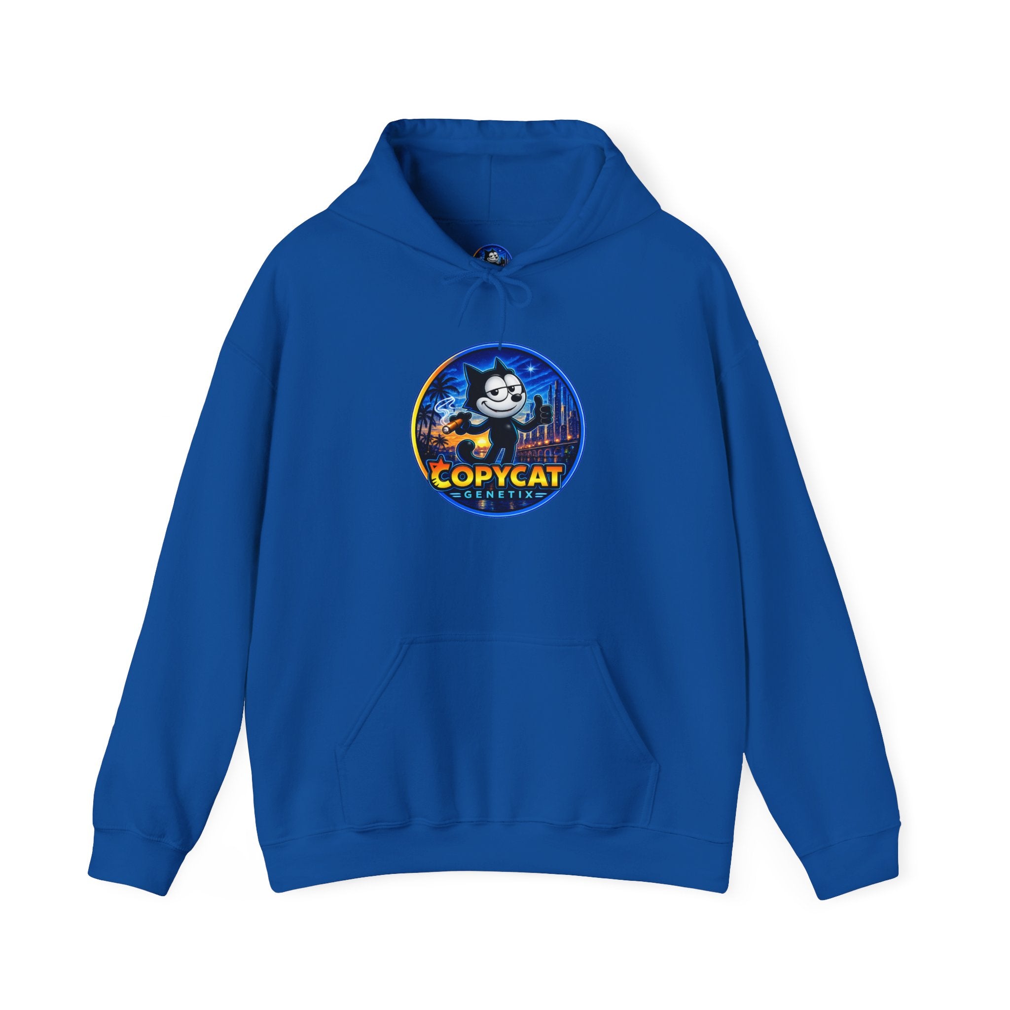 Copycat Skull Hoodie — Retro Neon Nightscape Graphic Hooded Sweatshirt