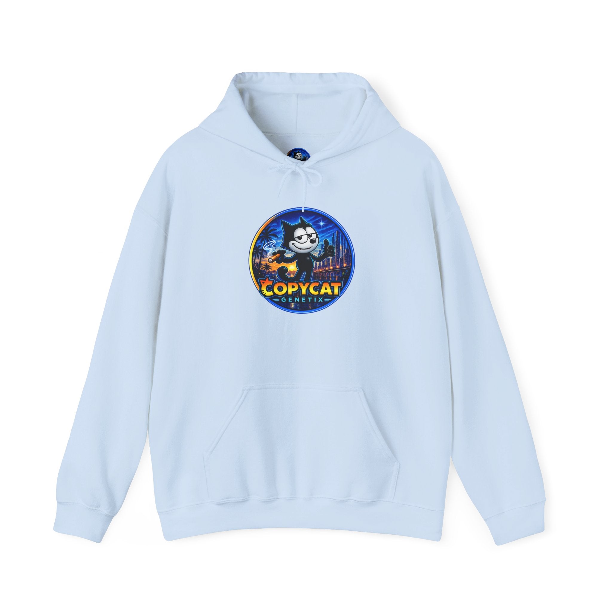 Copycat Skull Hoodie — Retro Neon Nightscape Graphic Hooded Sweatshirt