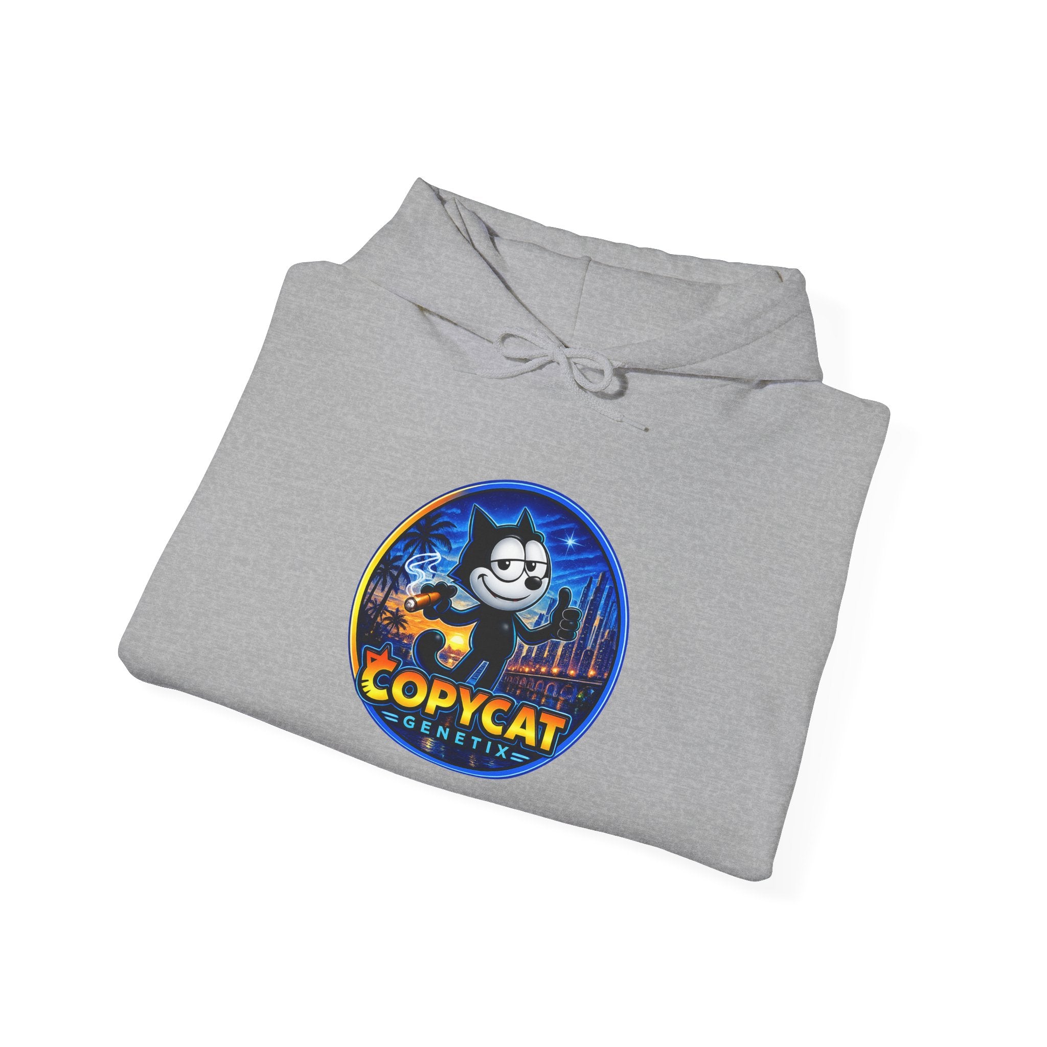 Copycat Skull Hoodie — Retro Neon Nightscape Graphic Hooded Sweatshirt