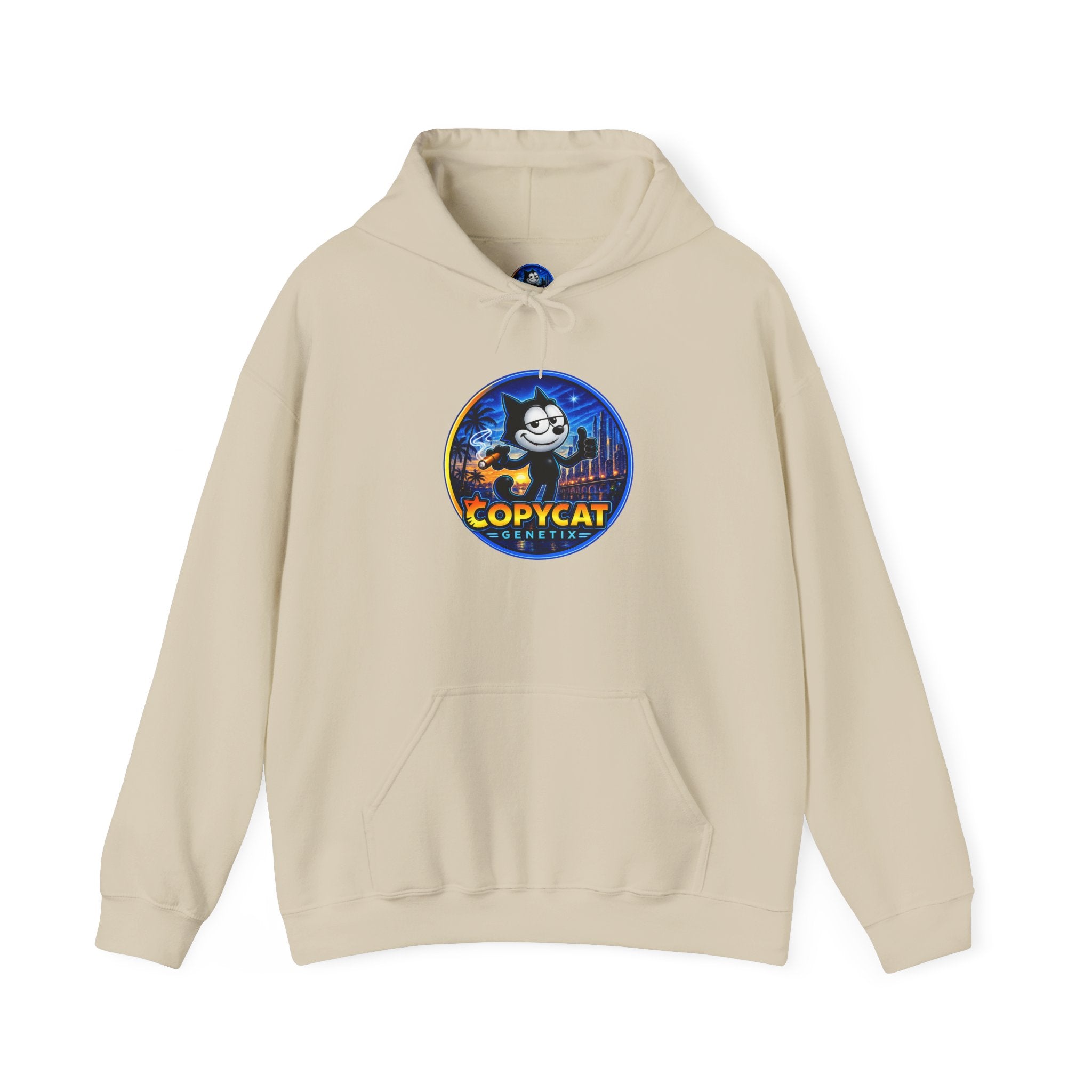 Copycat Skull Hoodie — Retro Neon Nightscape Graphic Hooded Sweatshirt