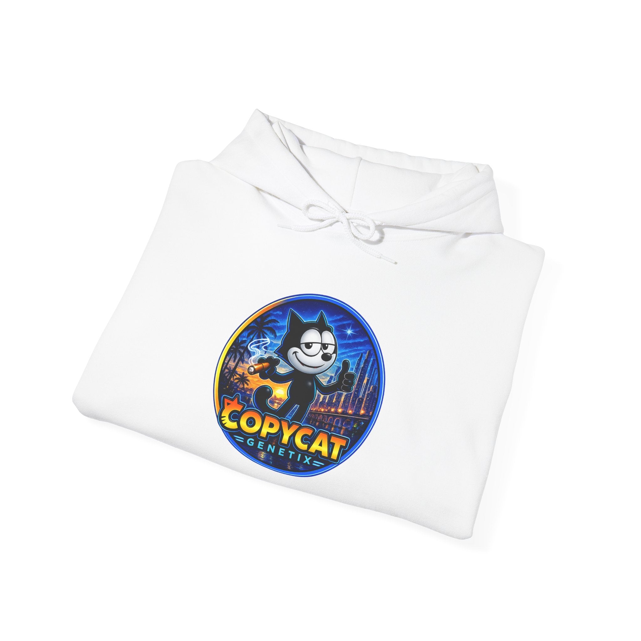 Copycat Skull Hoodie — Retro Neon Nightscape Graphic Hooded Sweatshirt