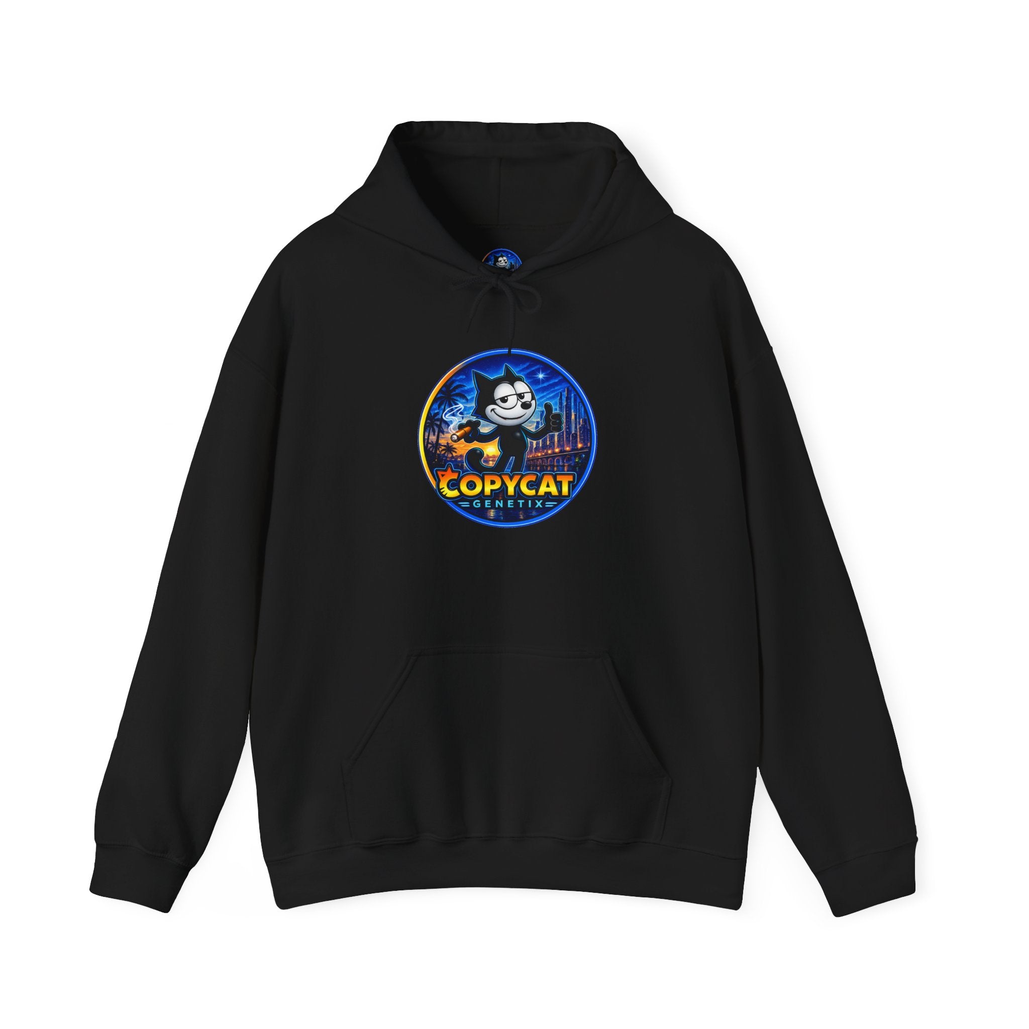 Copycat Skull Hoodie — Retro Neon Nightscape Graphic Hooded Sweatshirt