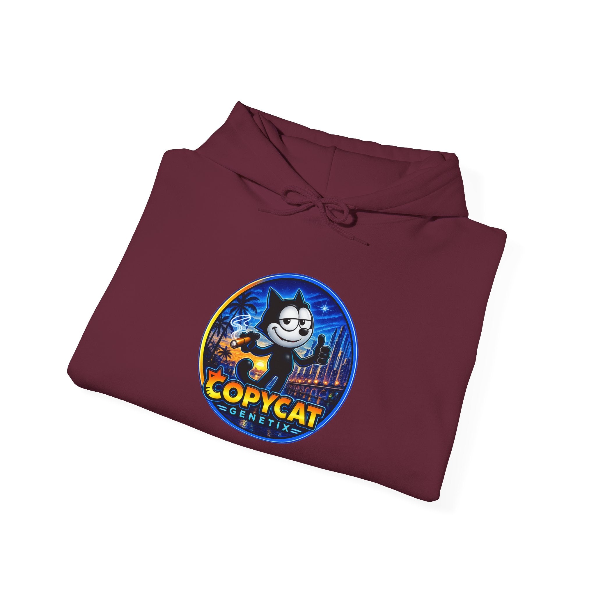 Copycat Skull Hoodie — Retro Neon Nightscape Graphic Hooded Sweatshirt