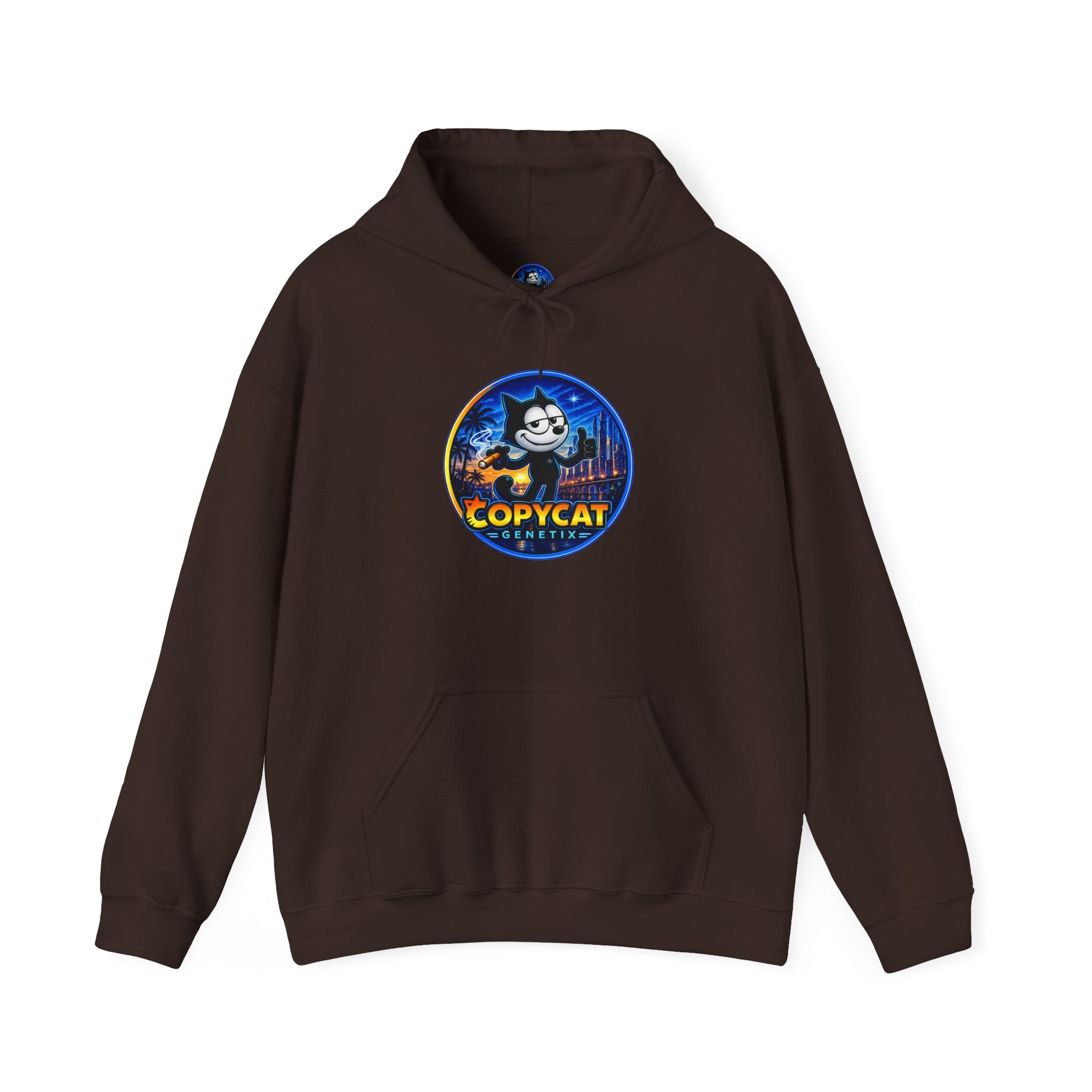 Copycat Skull Hoodie — Retro Neon Nightscape Graphic Hooded Sweatshirt