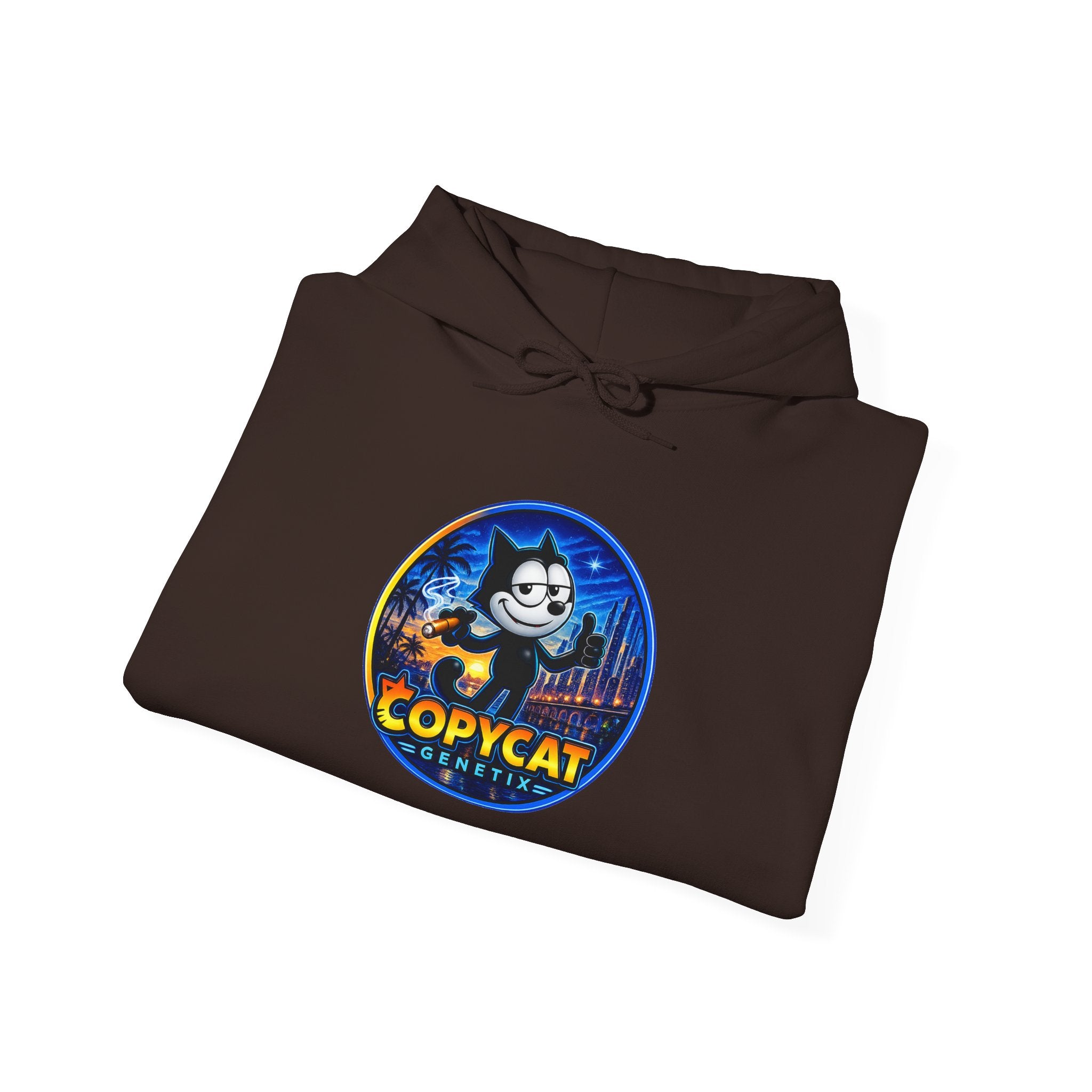 Copycat Skull Hoodie — Retro Neon Nightscape Graphic Hooded Sweatshirt