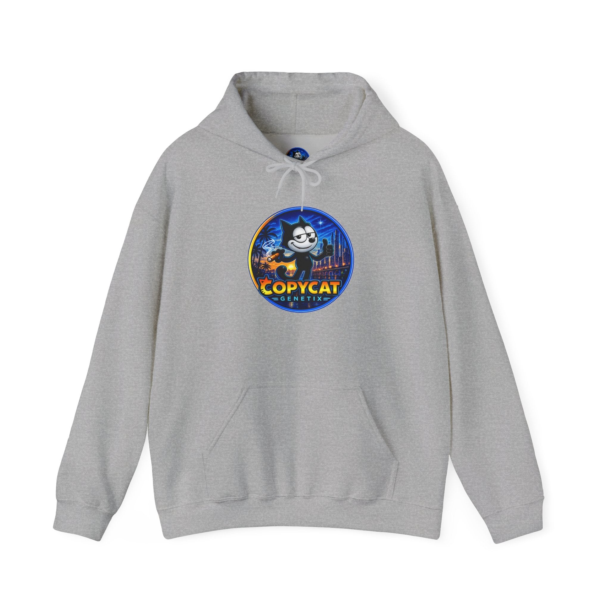 Copycat Skull Hoodie — Retro Neon Nightscape Graphic Hooded Sweatshirt