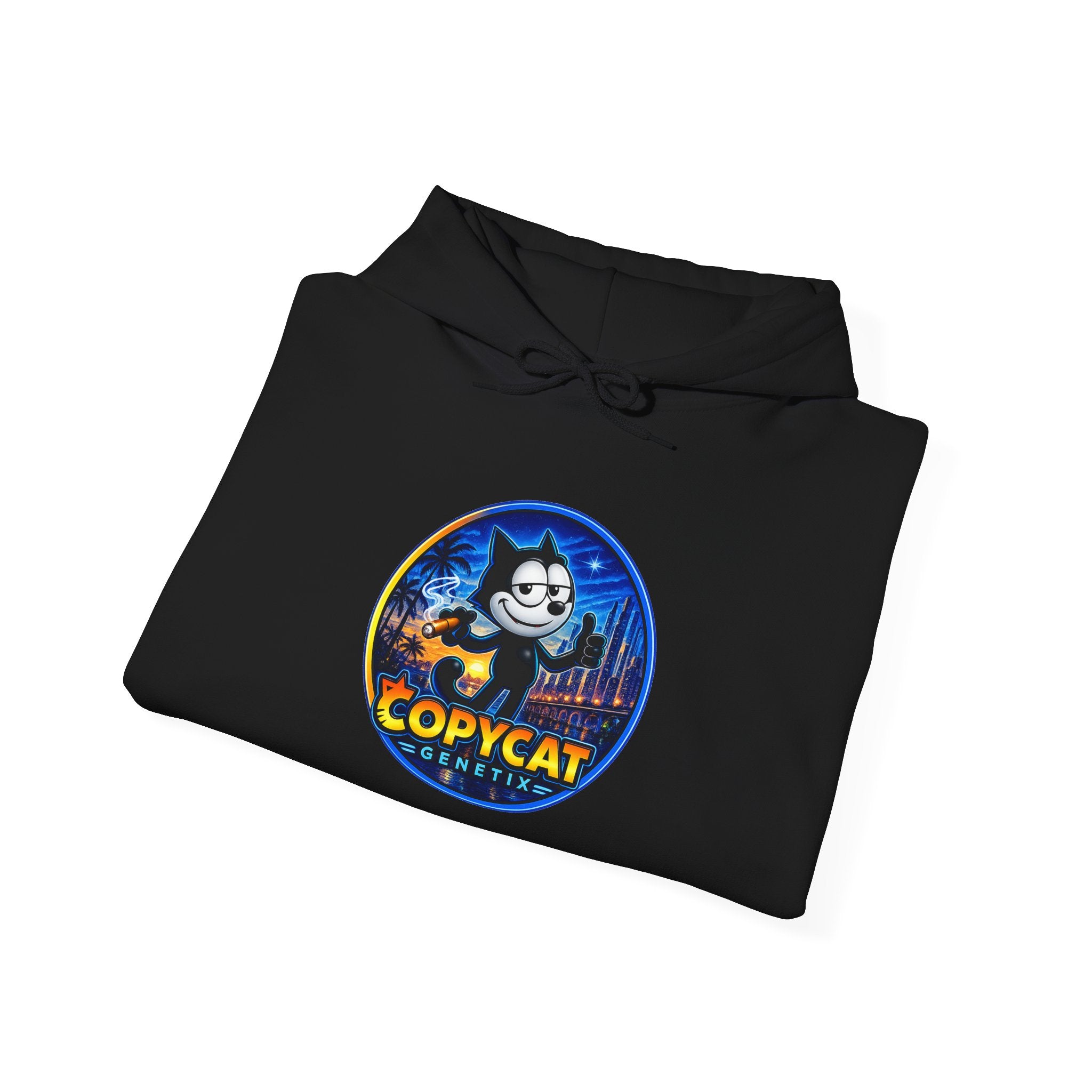 Copycat Skull Hoodie — Retro Neon Nightscape Graphic Hooded Sweatshirt