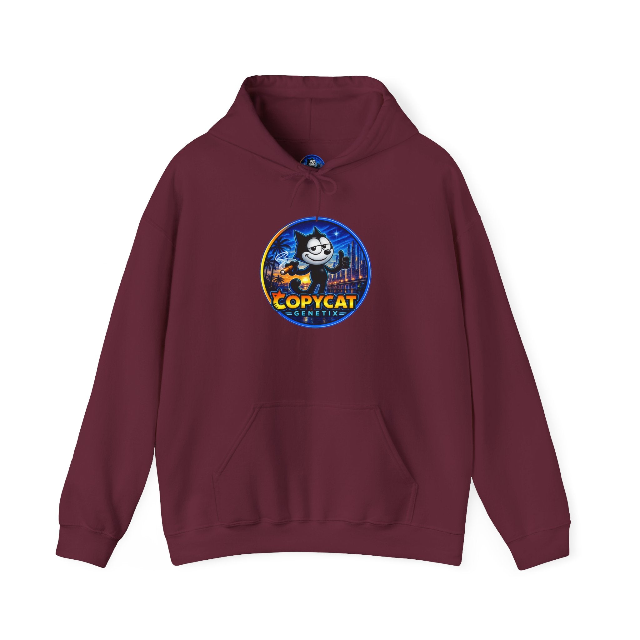 Copycat Skull Hoodie — Retro Neon Nightscape Graphic Hooded Sweatshirt