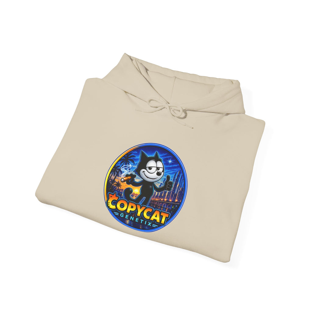Copycat Skull Hoodie — Retro Neon Nightscape Graphic Hooded Sweatshirt