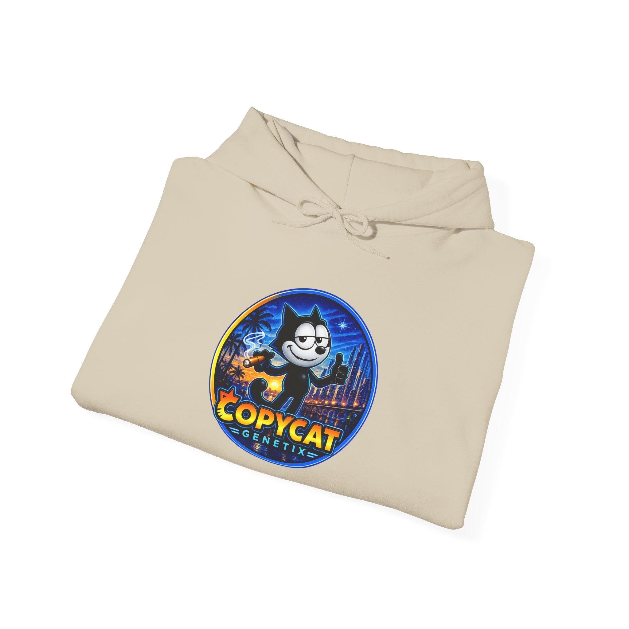 Copycat Skull Hoodie — Retro Neon Nightscape Graphic Hooded Sweatshirt