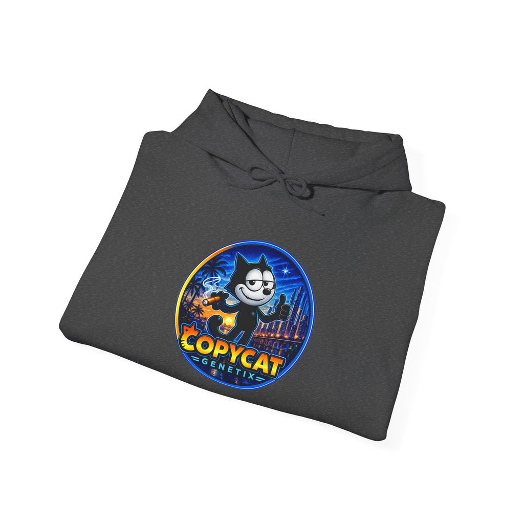 Copycat Skull Hoodie — Retro Neon Nightscape Graphic Hooded Sweatshirt